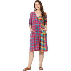Valor Women’s Made in India Cotton Plaid Surplice A-line MIDI Dress Size Large